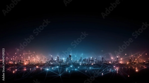 Fototapeta Futuristic cityscape with glowing nodes, symbolizing interconnected digital networks in a data-driven world