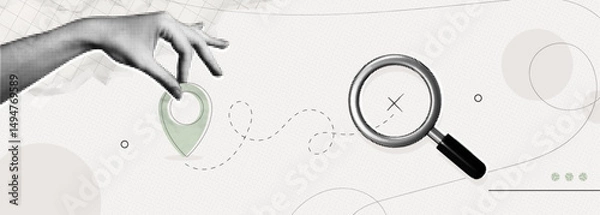 Fototapeta Trendy Halftone Collage Hand holding location pin. Magnifying glass with route finder. Travel way and find trip. GPS point navigation. Where is my parcel. Contemporary vector illustration art