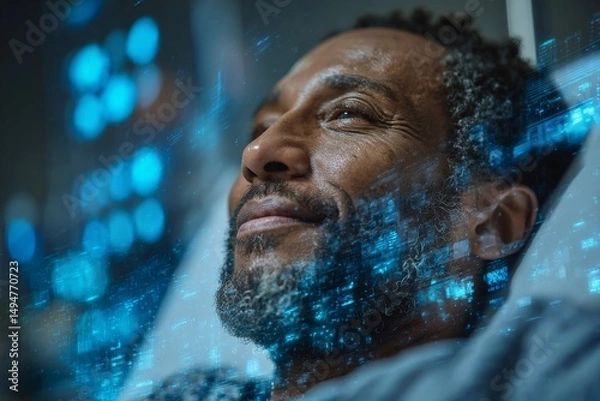 Fototapeta Man relaxing in hospital bed with digital overlay of data and technology at evening time