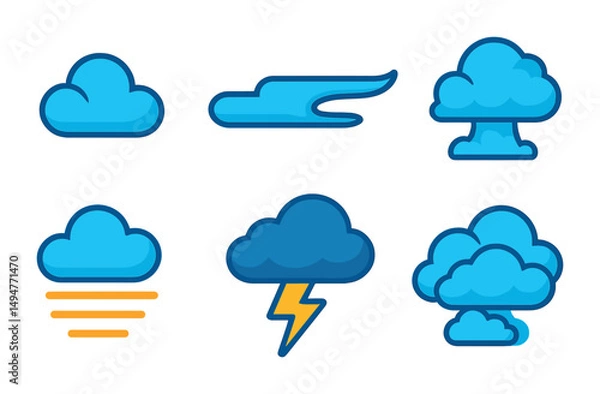 Fototapeta Cartoon weather icons featuring clouds, lightning, and atmospheric elements
