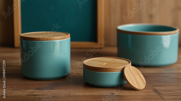 Fototapeta Ceramic Containers with Bamboo Lids