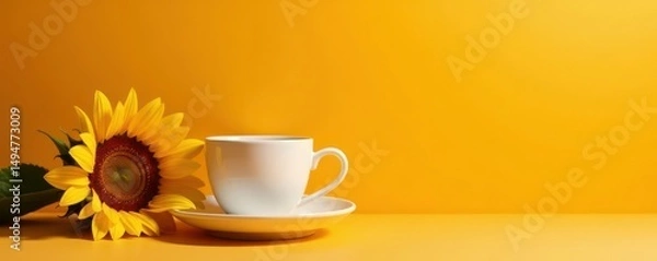 Obraz Delicate porcelain coffee cup beside vibrant sunflowers on minimalist orange table , still life photography, orange table