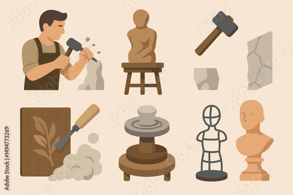 Fototapeta Sculpture and craft icons set – flat, solid, artistic and creative tools