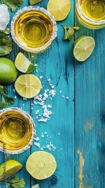 Obraz Top view of tequila shots with lime slices and salt on blue wooden table