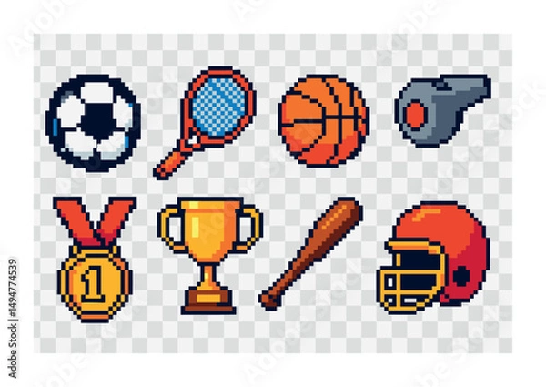Fototapeta Sports and recreation pixel art icons set – athletic, game, leisure symbols