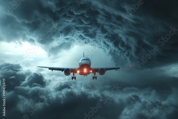 Fototapeta Dark storm clouds surround an airplane approaching a runway amidst turbulent weather conditions during twilight hours