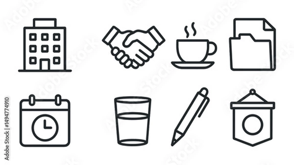 Fototapeta Business and office outline icons set – linear, sleek, corporate symbols for productivity