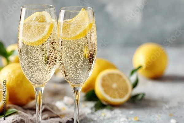 Fototapeta Sparkling lemon beverages in elegant glasses with fresh lemons on a light table