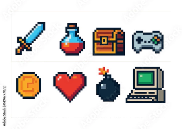 Fototapeta Retro gaming icons featuring sword, potion, and vintage computer