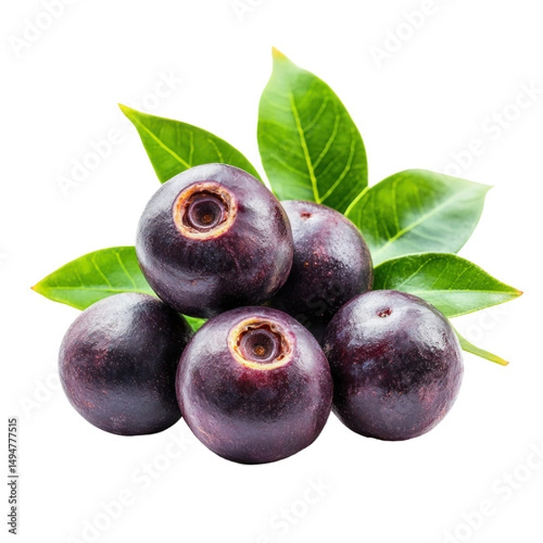 Obraz Fresh juicy acai berries with green leaves isolated transparent background