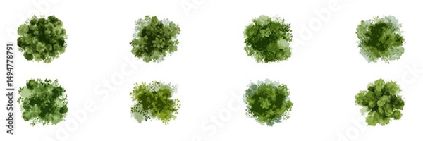 Obraz Top View Watercolor Bushes for Landscape and Park Planning. Sustainable Garden Elements for Environmental and Urban Green Projects. Isolated Vector Illustration