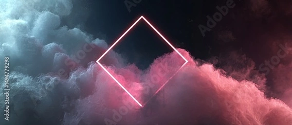 Fototapeta Abstract futuristic 3D rendering background featuring a glowing neon rhombus frame, dramatic stormy clouds against a night sky, and ample copy space for sci-fi design projects