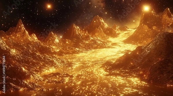 Fototapeta Surreal Golden Landscape: Mountains Aglow Under a Starry Sky - Cosmic Beauty
