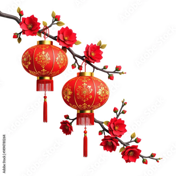 Fototapeta Red Lanterns with Flowers, Isolated Transparent Background