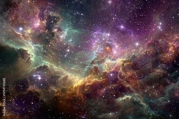 Fototapeta Colorful cosmic nebula with swirling gases and bright stars within a vast star field at the edge of the universe
