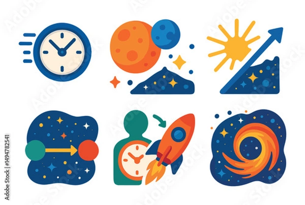 Fototapeta Space and time flat icons set – cosmic, universe, astronomy symbols