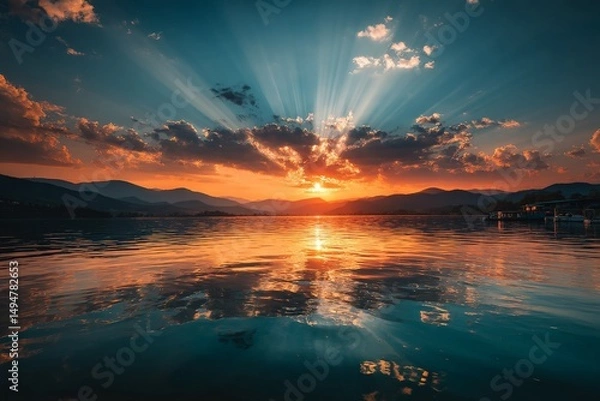 Fototapeta Stunning sunset over calm water surrounded by mountains reflects colorful sky in the evening
