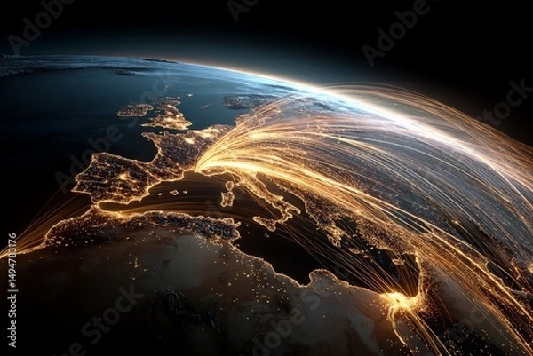 Fototapeta Visual representation of global connectivity over Europe showcasing illuminated cities and data paths in the night sky