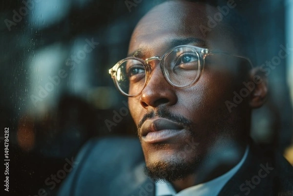 Fototapeta Thoughtful man gazing out a window in a city setting during golden hour light