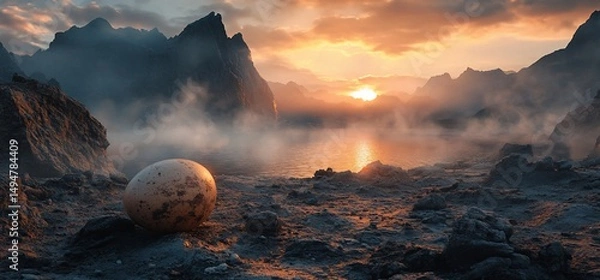 Fototapeta Surreal mountain landscape with mystical sphere under an ethereal sunset scenery