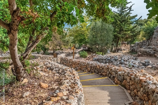 Fototapeta A scenic pathway in Alanya Castle, Turkey, lined with rustic stone walls and surrounded by lush greenery. The pathway leads through the historical ruins, creating a peaceful atmosphere for exploration