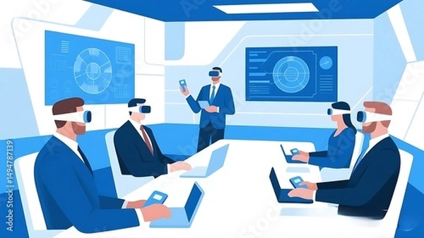 Fototapeta Futuristic Business Meeting with Executives Wearing VR Headsets in a Virtual Reality Conference Room, 4k 