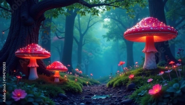 Fototapeta Enchanted forest, glowing mushrooms, whimsical trees, fairytale forest, dreamlike, autumn