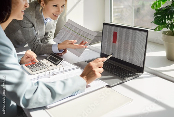 Fototapeta Two financial accountants analysing business spreadsheets on laptop computer, sitting at office desk, looking through paper documents, using calculator working with databases, checking excel tables