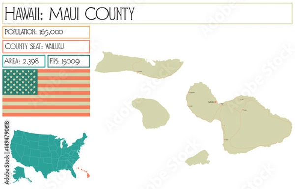 Obraz Large and detailed map of Maui County in Hawaii USA.