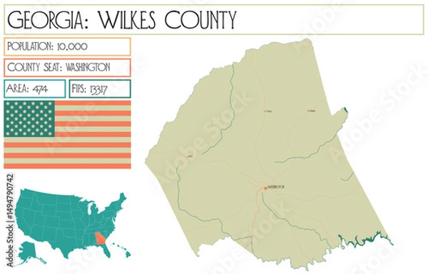 Obraz Large and detailed map of Wilkes County in Georgia USA.