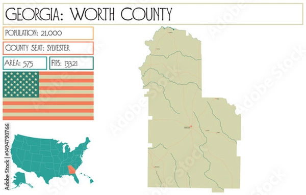 Obraz Large and detailed map of Worth County in Georgia USA.