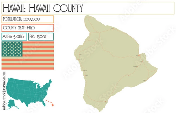 Obraz Large and detailed map of Hawaii County in Hawaii USA.
