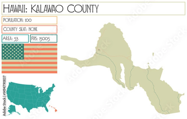 Obraz Large and detailed map of Kalawao County in Hawaii USA.