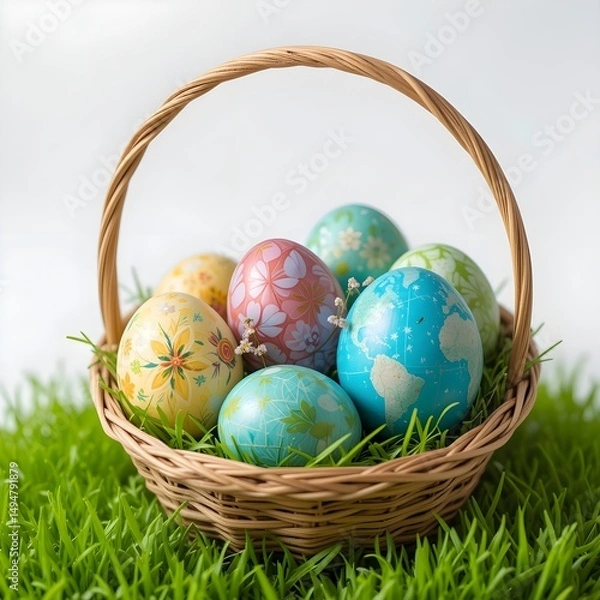 Fototapeta Easter eggs in a basket, placed on a white background.