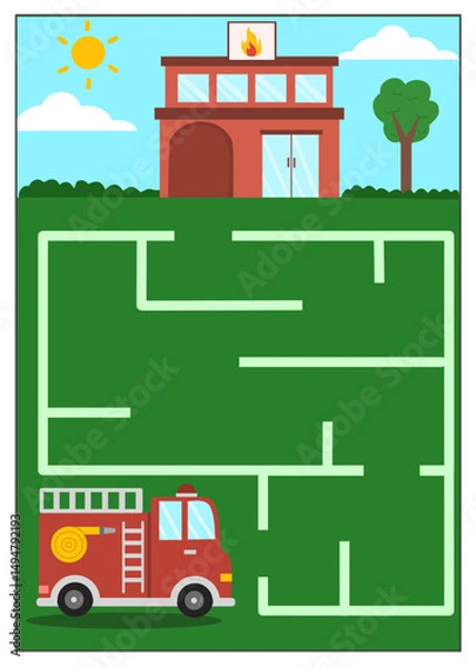 Fototapeta Fun and educational maze game for kids. Help the fire truck reach the fire station by finding the correct path. Perfect for preschool logic and path-tracing activities.