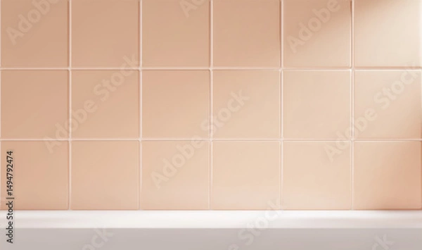 Fototapeta 3d kitchen or bathroom scene with white table and beige tile background. Realistic room with shelf for product display