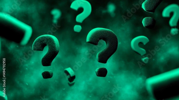 Fototapeta Floating question marks create a mysterious atmosphere in a green haze