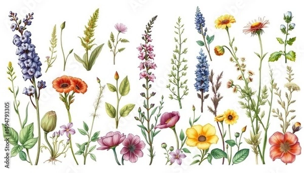 Fototapeta Large collection of hand-drawn Provence herbs & plants, isolated vector illustrations Flat style, textured, drawing, copy space