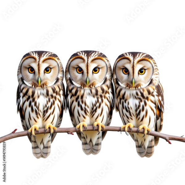 Fototapeta Three Owls on Branch, Isolated Transparent Background