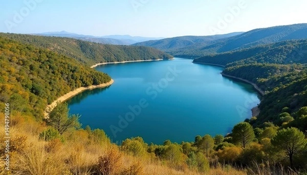 Fototapeta Irregular shaped lake with winding shoreline, showing diverse vegetation, trees, autumn, pond