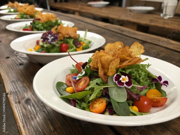Fototapeta Appetizing bowls of modern salads, combining fresh greens, diverse tomatoes, and an artistic crispy topping.