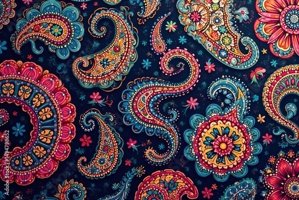 Fototapeta Bold paisley design, rich color palette, high contrast, repeat pattern, fabric, exotic