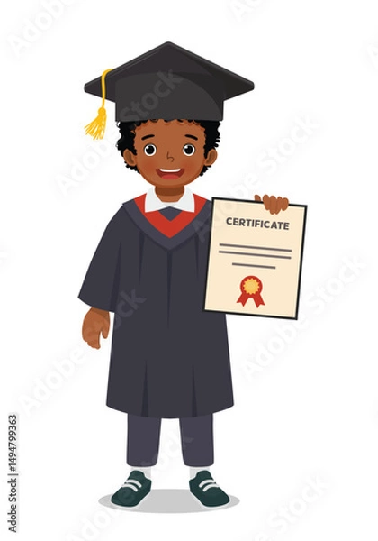 Obraz Little African boy student wearing graduation gown showing certificate diploma
