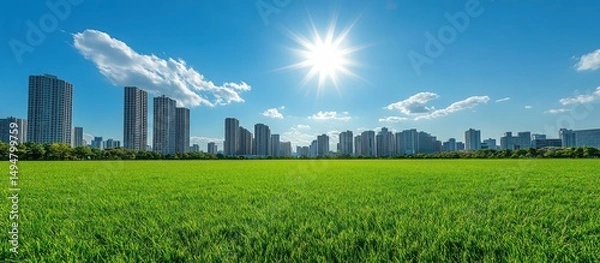 Obraz City Skyline and Grass Field Under Blue Sky