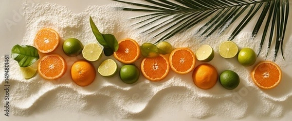 Fototapeta Tropical citrus fruit arrangement with oranges, limes, and palm leaf on sugar background