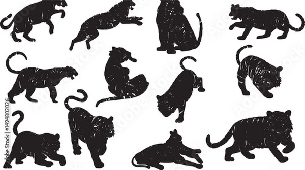 Fototapeta Vivid Feline Silhouettes: Black Cat Outlines, Leaping Tiger, Walking Leopard, and Playful Kitten Vector Art Collection