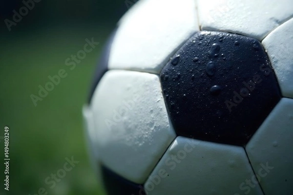 Fototapeta Close-up view of classic black and white soccer ball texture, game ball, equipment