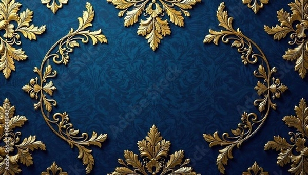 Fototapeta Intricate floral damask pattern in rich gold on deep blue background , design, pattern