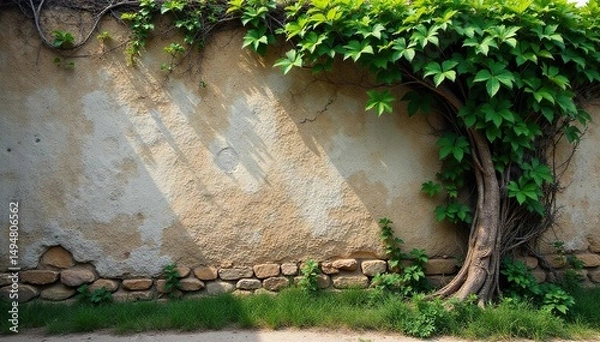 Fototapeta Ancient gnarled vine clinging to weathered stone wall, leaf, ancient