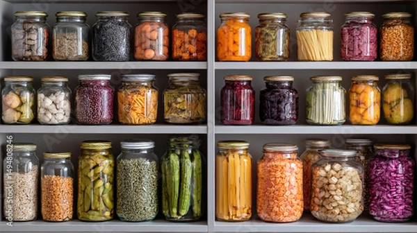 Obraz Organized pantry shelves filled with glass jars containing various food items in an orderly arrangement